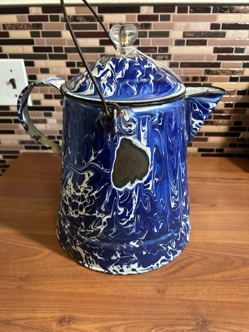 Blue and White Swirl Enamelware Coffee Pot with Glass Knob